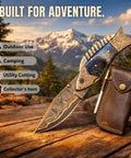 Fish Style Folding Knife With Ladder Pattern Damascus Blade And Blue Resin Handle, leather sheath on wooden surface