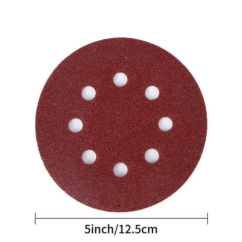 5-inch sanding disc with 8 holes, part of 100 Pack Five Inch Eight Hole Sanding Discs Grit From 60 To 2000 For Wood Metal Paint Auto Body DIY Buffing And Polishing Dust Extraction Friendly And Universal Fit On Orbital Sanders