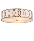 Brass Gold Modern LED Flush Mount Ceiling Light With White Linen Drum Shade And Geometric Fretwork, 15.5 Inch Fixture