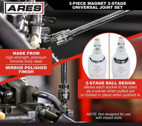 Magnetic 2-Stage Universal Joint Set For One Quarter, Three Eighths, And One Half Inch Drive Sockets - 3-Piece Swivel Adapters With Quick Switch Ball Spring Design, Durable Case, Perfect For Tight Spots And Hard-To-Reach Fasteners, chrome moly steel universal joints
