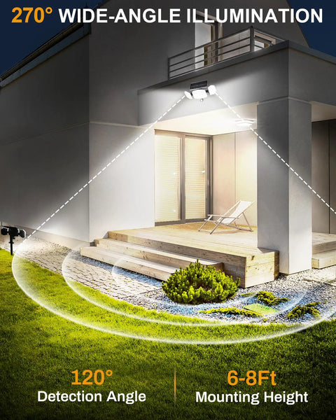 Solar Motion Sensor Outdoor Lights With Stakes For In Ground Or Wall Mount 270 Degree Wide Angle Illumination on porch