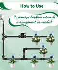 Diagram showing 1/4 Inch Drip Irrigation Quick Connect Fittings Kit 52 Piece DIY Pro Grade Set in a garden setup.