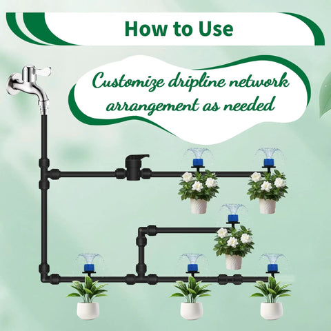 Diagram showing 1/4 Inch Drip Irrigation Quick Connect Fittings Kit 52 Piece DIY Pro Grade Set in a garden setup.