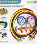 Test And Charge Manifold Kit With Three And One Eighth Inch Color Coded Gauge Brass Manifold, Seventy Two Inch Hoses, One Quarter Inch To One Quarter Inch Flare Fittings, Compatible With R22 R134A R404A, HVAC Gauges Set For Pros And DIY Techs displayed with labels and colorful hoses.