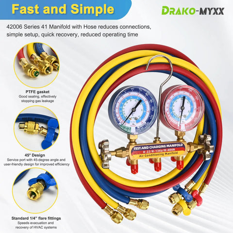 Test And Charge Manifold Kit With Three And One Eighth Inch Color Coded Gauge Brass Manifold, Seventy Two Inch Hoses, One Quarter Inch To One Quarter Inch Flare Fittings, Compatible With R22 R134A R404A, HVAC Gauges Set For Pros And DIY Techs displayed with labels and colorful hoses.