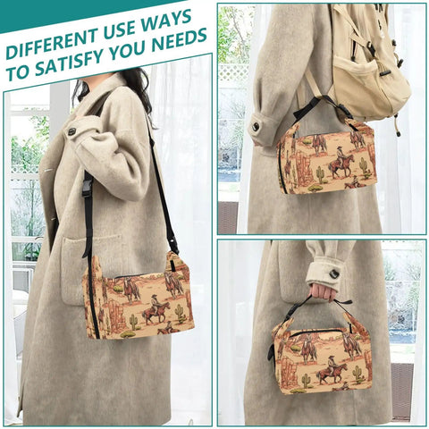 Cowboy Themed Lunch Bag Insulated Tote with Big Capacity for Work, Picnics, and Camping, shown carried by a person