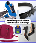 Heavy Duty Shoe Glue For Sole Repair And Waterproof Boot Adhesive With Cyanoacrylate Formula next to sneakers, belt, handbag, and heels