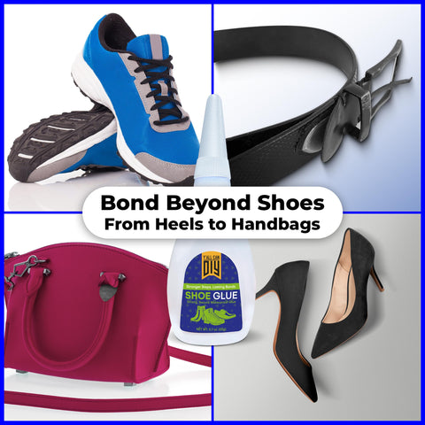 Heavy Duty Shoe Glue For Sole Repair And Waterproof Boot Adhesive With Cyanoacrylate Formula next to sneakers, belt, handbag, and heels