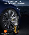 Dual Power Portable Tire Inflator With AC And DC Power, 150 PSI Max, LED Light, inflating car tire at night