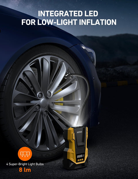 Dual Power Portable Tire Inflator With AC And DC Power, 150 PSI Max, LED Light, inflating car tire at night
