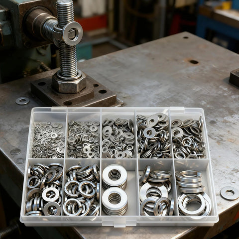 Stainless steel spring lock washers assortment in a 9-compartment plastic organizer; 1000 pcs in sizes M2–M12.