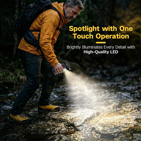 Person using Power Packed Compressed Air Duster With O Shaped Air Duct And 13 Blade Dual Layer Turbo Fan 6 In 1 Cordless Mini Blower Vacuum And Inflator With LED Light Four Speed For Car And Home Use Space Black in dark outdoors, illuminating rocks with LED light