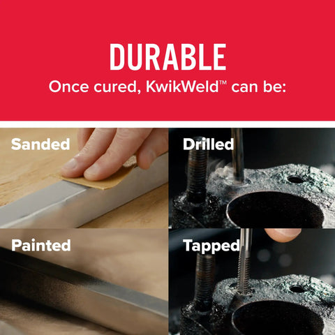 KwikWeld Durability shown through sanding, drilling, painting, and tapping on metal surfaces for versatile repair use.