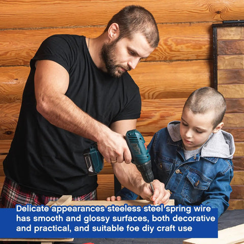 Man and boy using a drill; related to 104 Piece Spring Steel Wire Set With 40 Cm Length In 12 Diameters From 0.3 To 3.0 mm Straight Full Hard Stainless Wire For Jewelry Making DIY Projects And Metalworking For DIYers And Craft Junkies.