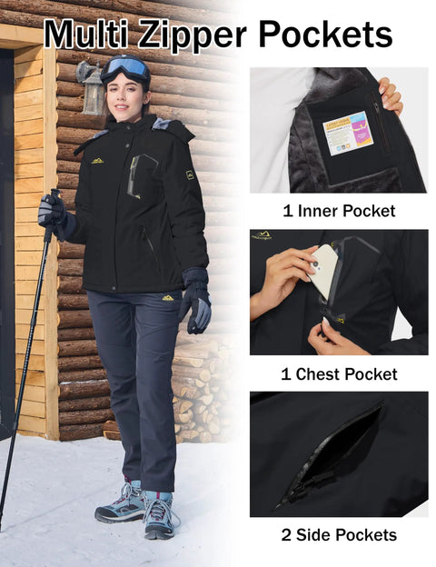Waterproof Insulated Ladies Ski Jacket With Hood For Cold Weather Snowboarding Snow Coat Winter Jacket Black, multi-pockets