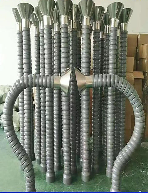 Heavy Duty Stainless Steel Fume Extractor With 360 Flex Articulating Arm And Long Duct Hose components stacked for welding smoke capture.