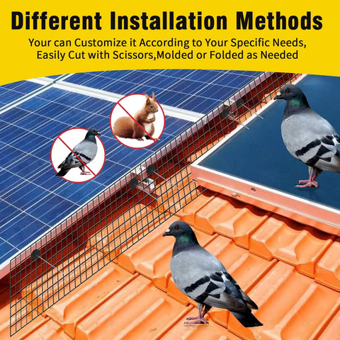 Hella Durable Solar Panel Bird Netting 8In By 100Ft Galvanized Mesh protecting solar panels from pigeons and squirrels on a roof.