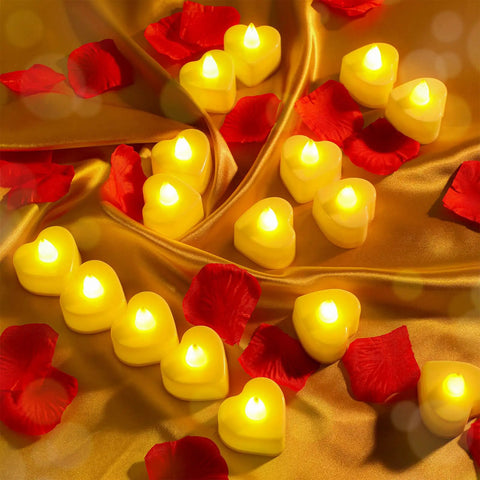 6000 Artificial Rose Petals And 72 Heart Shaped LED Tealights For Romantic Nights Valentines Weddings Proposals And Anniversary Decor With Warm White Light displayed on golden fabric with scattered petals and glowing candles