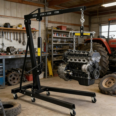 Heavy Duty 2 Ton Hydraulic Engine Hoist Cherry Picker With Manual Pump Lever and Compact Fold Steel Frame mounted on six heavy casters lifting an engine.