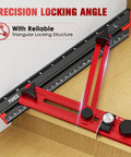Kickass Precision Stair Tread Template Tool With Heavy Duty Locking Triangular Brace and Snappy Edge Flip Stops for Right On Target Woodworking Every Single Time on a wooden surface.