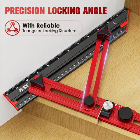 Kickass Precision Stair Tread Template Tool With Heavy Duty Locking Triangular Brace and Snappy Edge Flip Stops for Right On Target Woodworking Every Single Time on a wooden surface.