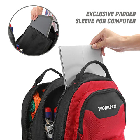 Person placing laptop in Heavy Duty Tool Backpack With 41 Pockets And Padded Laptop Sleeve For Contractors And Pros On The Go