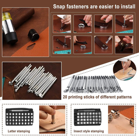 Ultimate Leather Working Starter Kit 628 Pcs with Leather Pony, tooling box, stamping tools, and DIY craft supplies in use