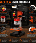 Heavy Duty 8 Inch Benchtop Drill Press Featuring A Robust 400W Induction Motor And Five Speed Settings, with user-friendly safety features.