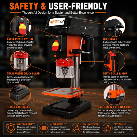 Heavy Duty 8 Inch Benchtop Drill Press Featuring A Robust 400W Induction Motor And Five Speed Settings, with user-friendly safety features.