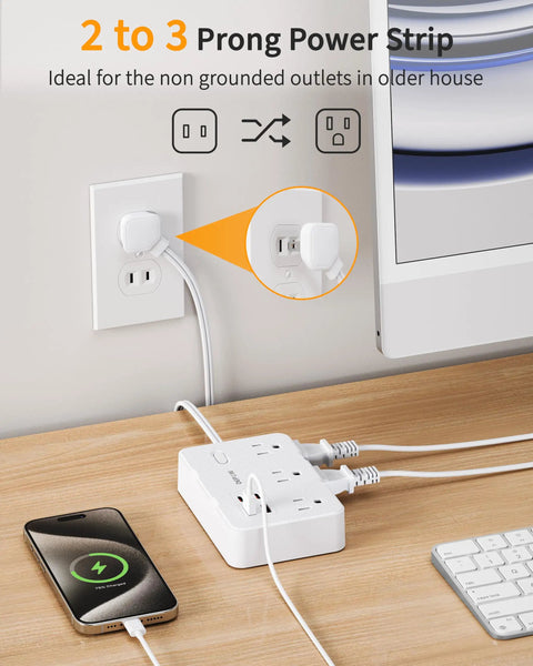 Must Have Two Prong To Three Prong Outlet Adapter Power Strip With Six Outlets And Four USB Ports Two USB C 1050J on desk