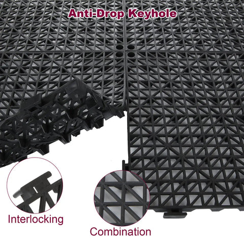 12 Pack 12 Inch Interlocking Rubber Flooring Tiles For Bathroom And Outdoor Use Non Slip Shower Mat Pool Deck Patio Balcony Kitchen Yard Black Durable Anti Slip Cushioned Mats That Snap Together For Easy Install showing interlocking mechanism