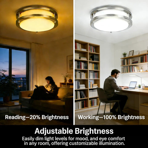 60W LED Flush Mount Ceiling Light Fixture showing adjustable brightness in reading and working settings.
