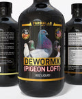 Deworming liquid for pigeons, 8oz bottle, showing front and back labels with ingredients and instructions