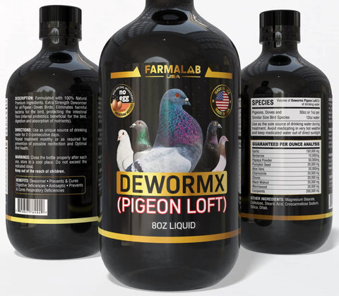 Front and back of Dewormx Pigeon Loft 8oz bottle with label details