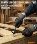 Person using Coated Work Gloves With Spider Grip For Smartphone Use, Breathable Backless Design, tightening bolt on wooden structure.