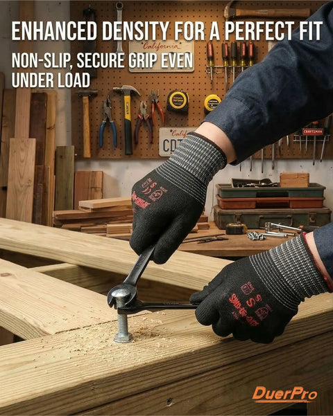 Person using Coated Work Gloves With Spider Grip For Smartphone Use, Breathable Backless Design, tightening bolt on wooden structure.