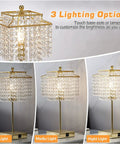 Crystal Touch Table Lamp With USB C And USB A Ports Dimmable Bedside Nightstand Light Gold Finish Crystal Shade Tap Control