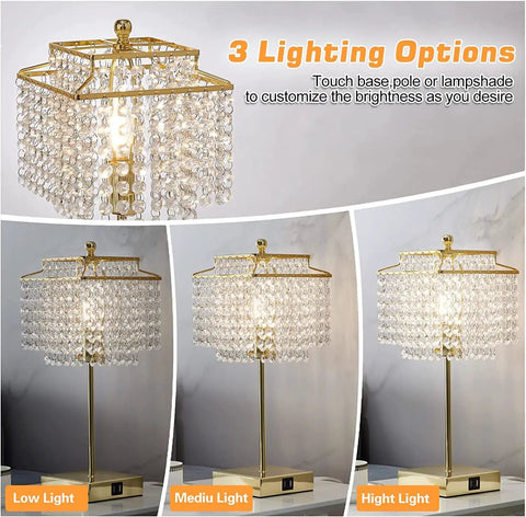 Crystal Touch Table Lamp With USB C And USB A Ports Dimmable Bedside Nightstand Light Gold Finish Crystal Shade Tap Control