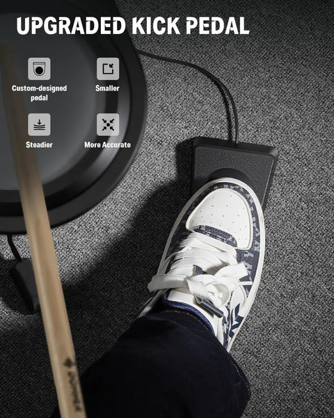 Close-up of foot on upgraded kick pedal of Beat Go Portable Electronic Drum Set With Training Lessons For Beginners Compact Table Drum Kit