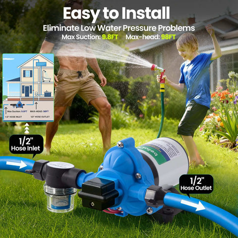 12V Water Pump With 3.5 GPM Flow Pure Copper Diaphragm Motor Self Priming Design with hose connections in garden setting