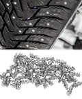 Tungsten Steel Threaded Tire Studs, 50 Pack Snow Spikes for Auto Truck Forklift shown on tire tread and loose studs.