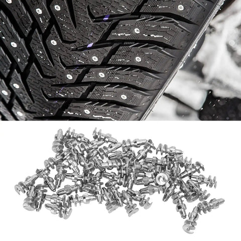 Tungsten Steel Threaded Tire Studs, 50 Pack Snow Spikes for Auto Truck Forklift shown on tire tread and loose studs.
