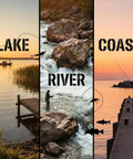 Collage of lake, river, and coast fishing scenes ideal for Bass Fishing Soft Plastic Lures With Fuzzy Dice and Sea Urchin Style Bait.