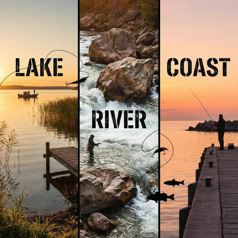 Collage of lake, river, and coast fishing scenes ideal for Bass Fishing Soft Plastic Lures With Fuzzy Dice and Sea Urchin Style Bait.