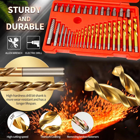 36 Piece Screw Extractor Set With Drill Bits For Removing Broken Studs Bolts And Socket Screws Includes 13 Multi-Spline Extractors