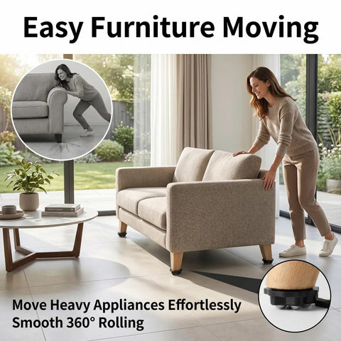 Heavy Duty Peel And Stick Furniture Casters With 360 Swivel Rollers Takes Two Seconds Slides Couches Smoothly Saves Hardwood Keeps Floors Pristine Includes Eight Durable Black Replacement Wheels showcased with a woman moving a couch.