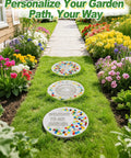 Garden walkway with three stepping stones made using All In One 10 Inch Stepping Stone Kit With Cement Mix Concrete Molds Mosaic Tiles Carving Tools Letter And Number Stamps Gloves And Mat Create Outdoor Garden Walkway Stones For DIY Craft Lovers And Mothers Day Gift