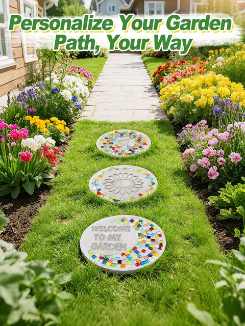 Garden walkway with three stepping stones made using All In One 10 Inch Stepping Stone Kit With Cement Mix Concrete Molds Mosaic Tiles Carving Tools Letter And Number Stamps Gloves And Mat Create Outdoor Garden Walkway Stones For DIY Craft Lovers And Mothers Day Gift
