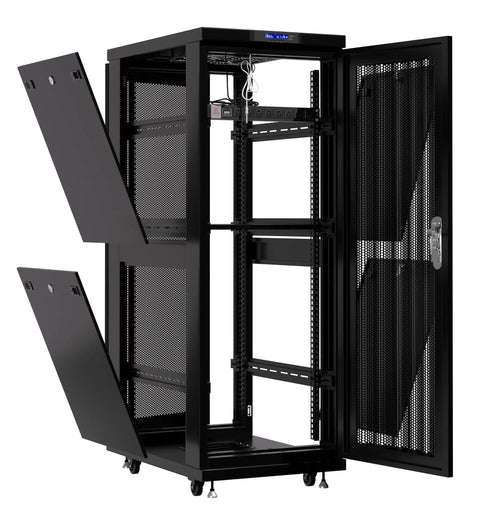 Heavy Duty 37U Server Rack With Smooth Rolling Casters And Lock Down Doors showing open frame with adjustable shelves.