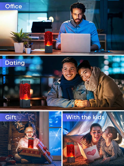 USB Powered Volcano Night Light For Kids And Adults on office desk and used by people in various scenarios like dating and with kids.